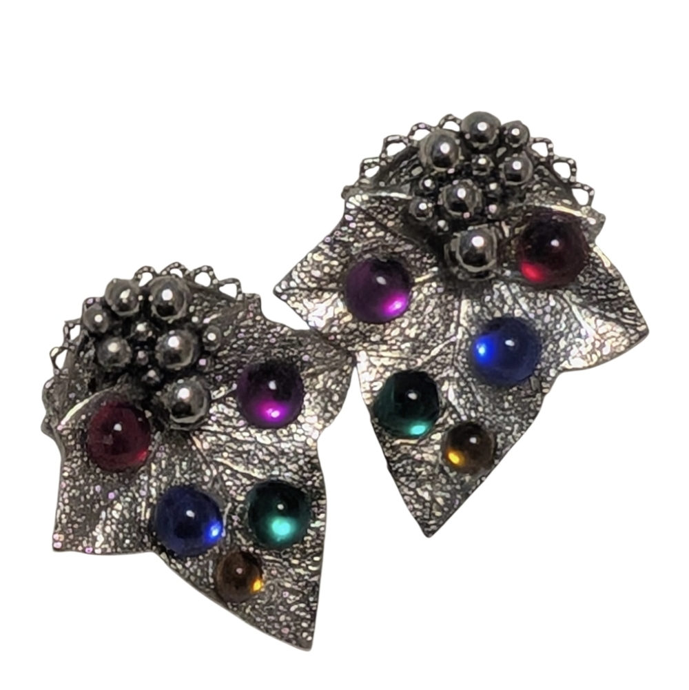 Vintage Leaf Clip Earrings with Multicolor Cabochons